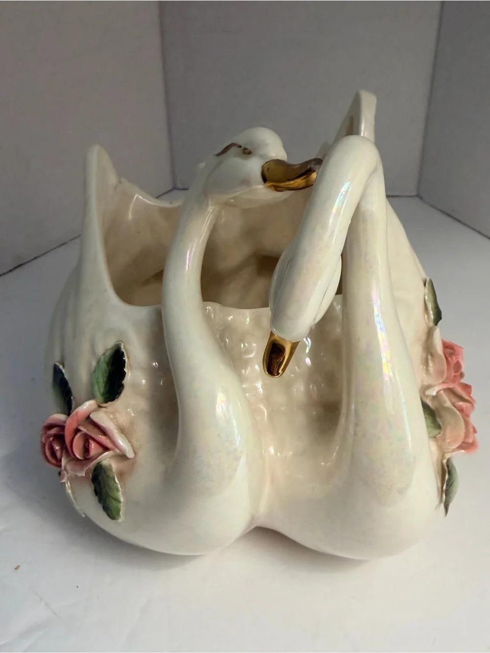 Porcelain Swan Planter with Pink Roses and Gold Accents - Picture 1 of 7